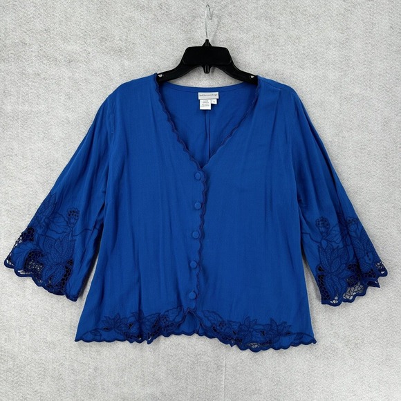 Soft Surroundings Blouse Womens‎ SMALL Blue Embroidery 3/4 Sleeve Button Rayon - Picture 3 of 14